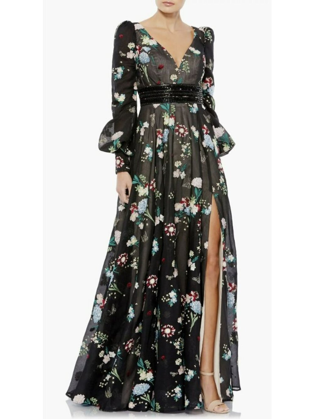 Mac Duggal $798 Embroidered Floral Bishop Sleeve V Neck Gown Maxi Dress Sz 8 NWT